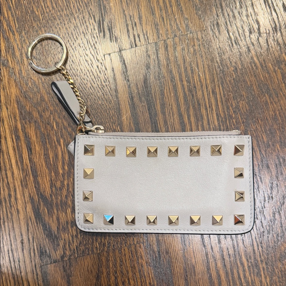 Valentino Light Gray Keychain Wallet with Gold Accents